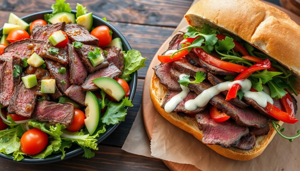 Steak salad and sandwich